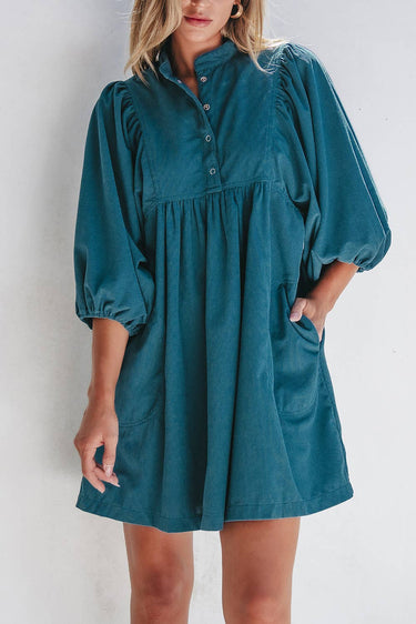 Corduroy Buttoned High Waist Bracelet Sleeve Dress